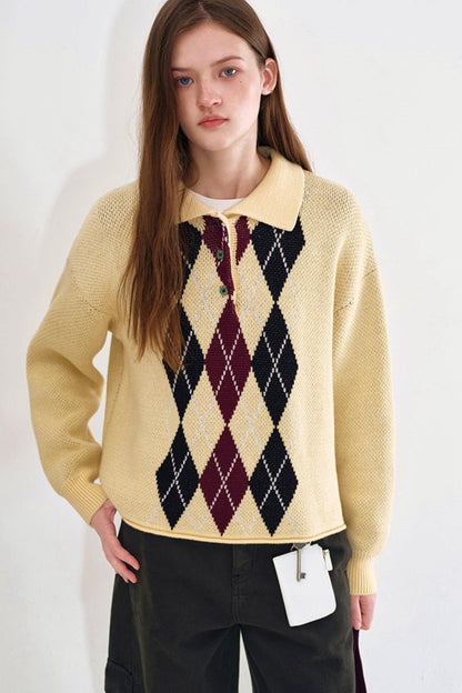 Cream Yellow Argyle Knit Sweater