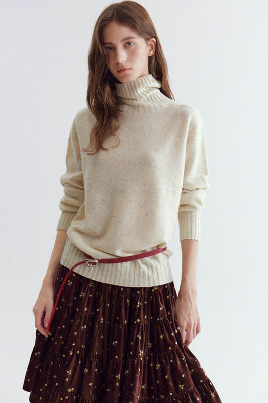 Wool Floral Yarn Turtleneck Sweater