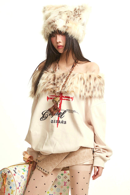 Retro Apricot Fur Collar Sweatshirt