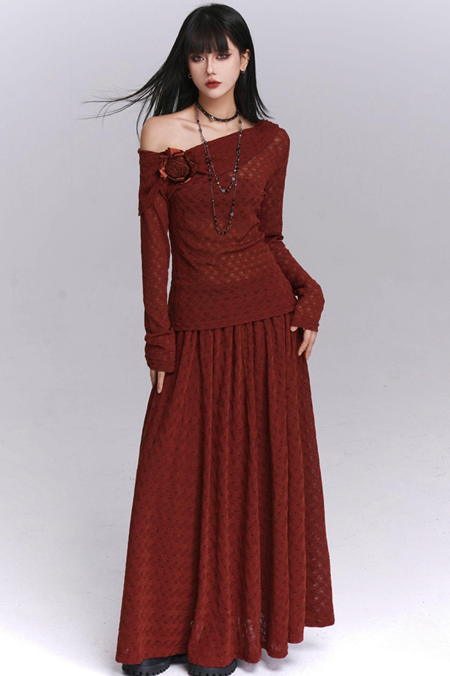 Autumn Red Shoulder Skirt Set-Up