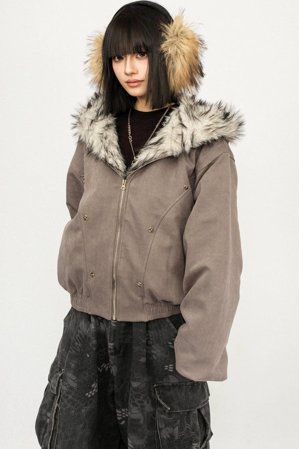Retro Fur Collar Hooded Jacket