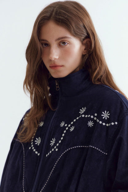 Pearl Daisy Embroidered Suede Jacket