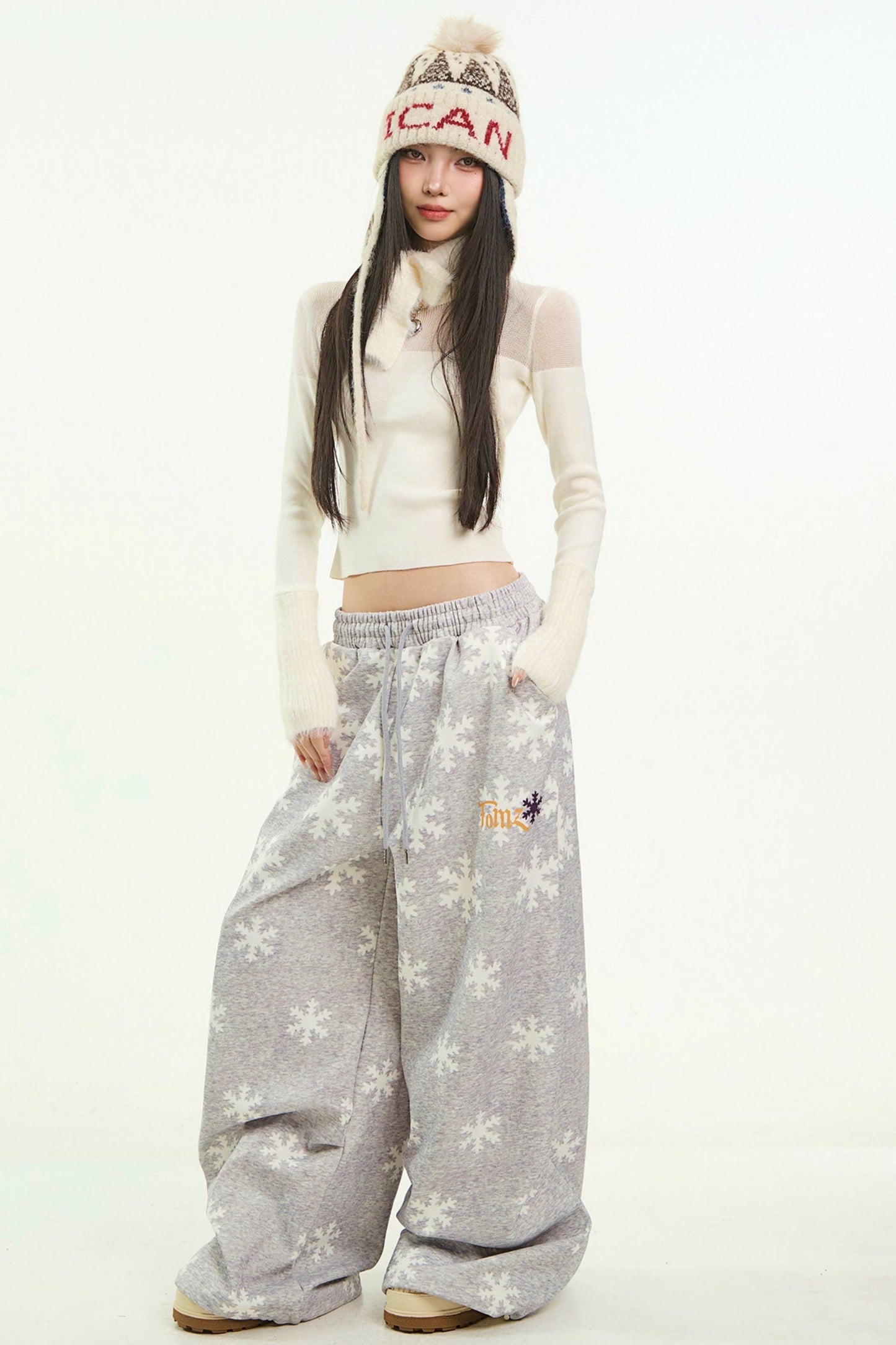 Gray Snowflake Wide-Leg Pants