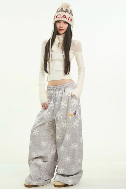 Gray Snowflake Wide-Leg Pants