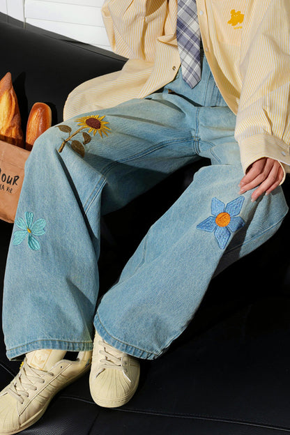 Retro Sunflower Embroidered Wide-Leg Jeans
