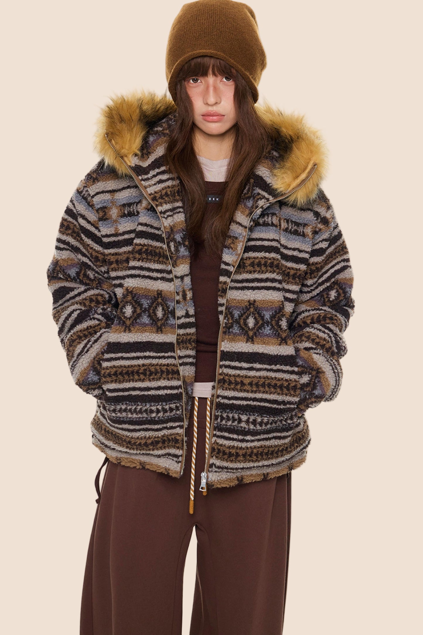 Ethnic Fur Collar Hooded Jacket