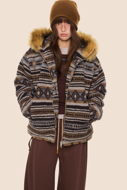 Ethnic Fur Collar Hooded Jacket
