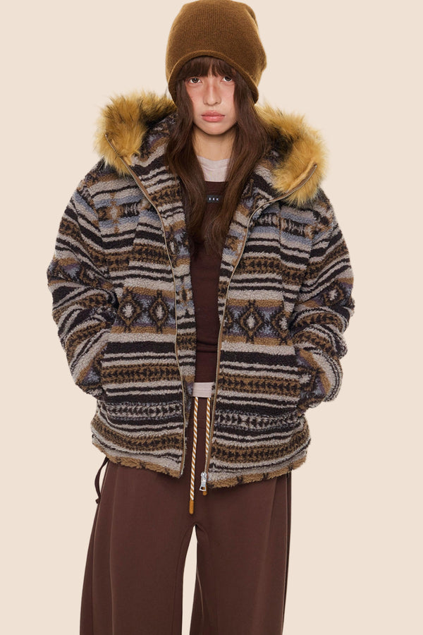 Ethnic Fur Collar Hooded Jacket