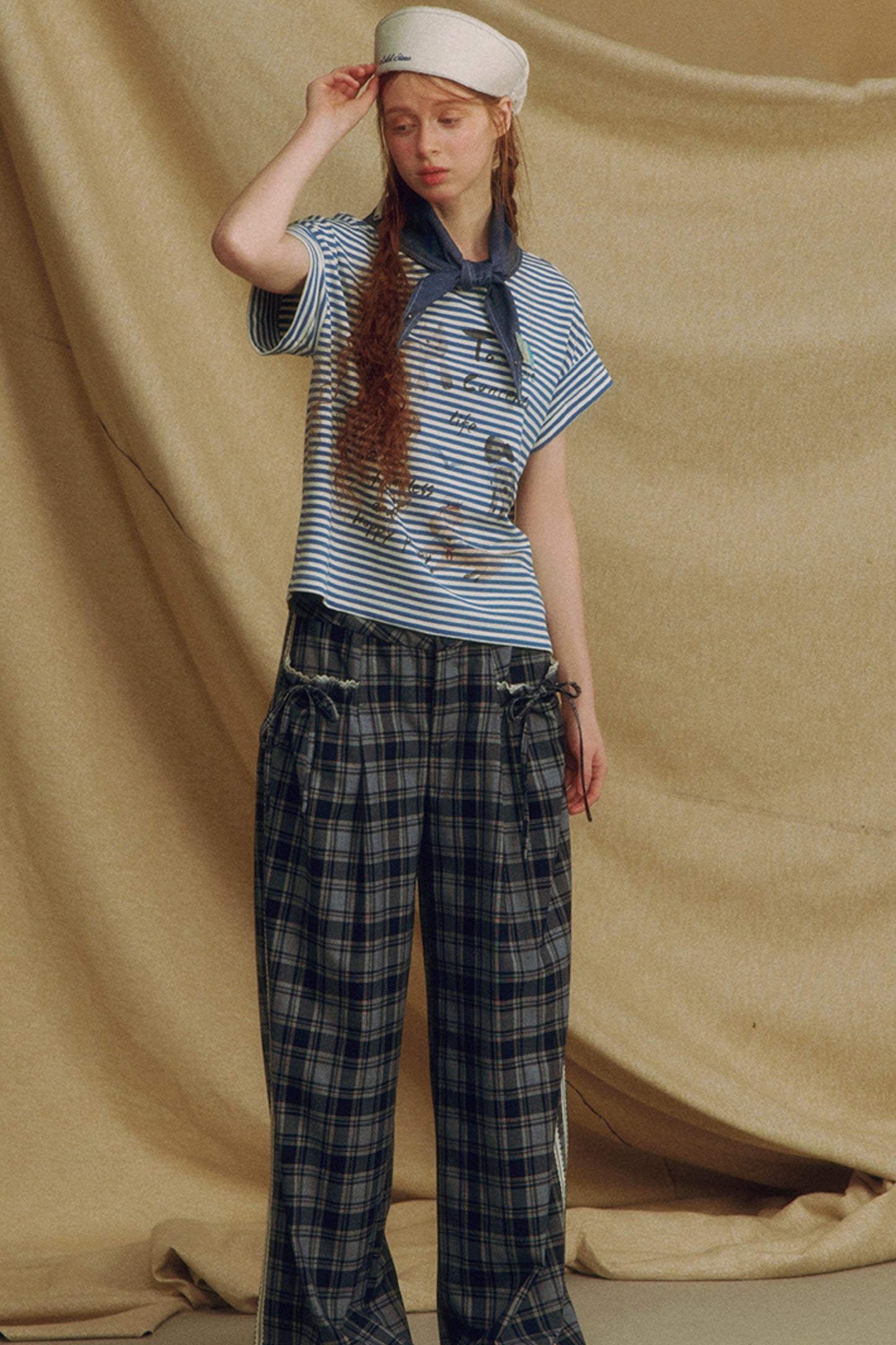 Chic Bow Tie Plaid Wide-Leg Trousers