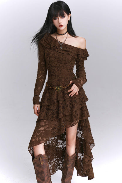 Irregular Brown Lace Off-Shoulder Dress