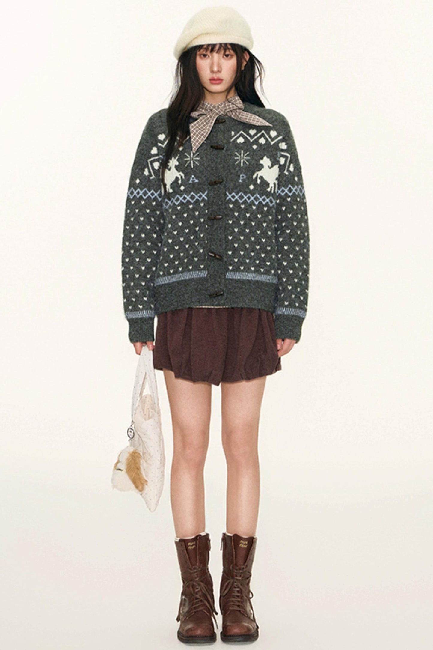 Original Plaid Embroidered Lace-Up Long Sleeve Shirt