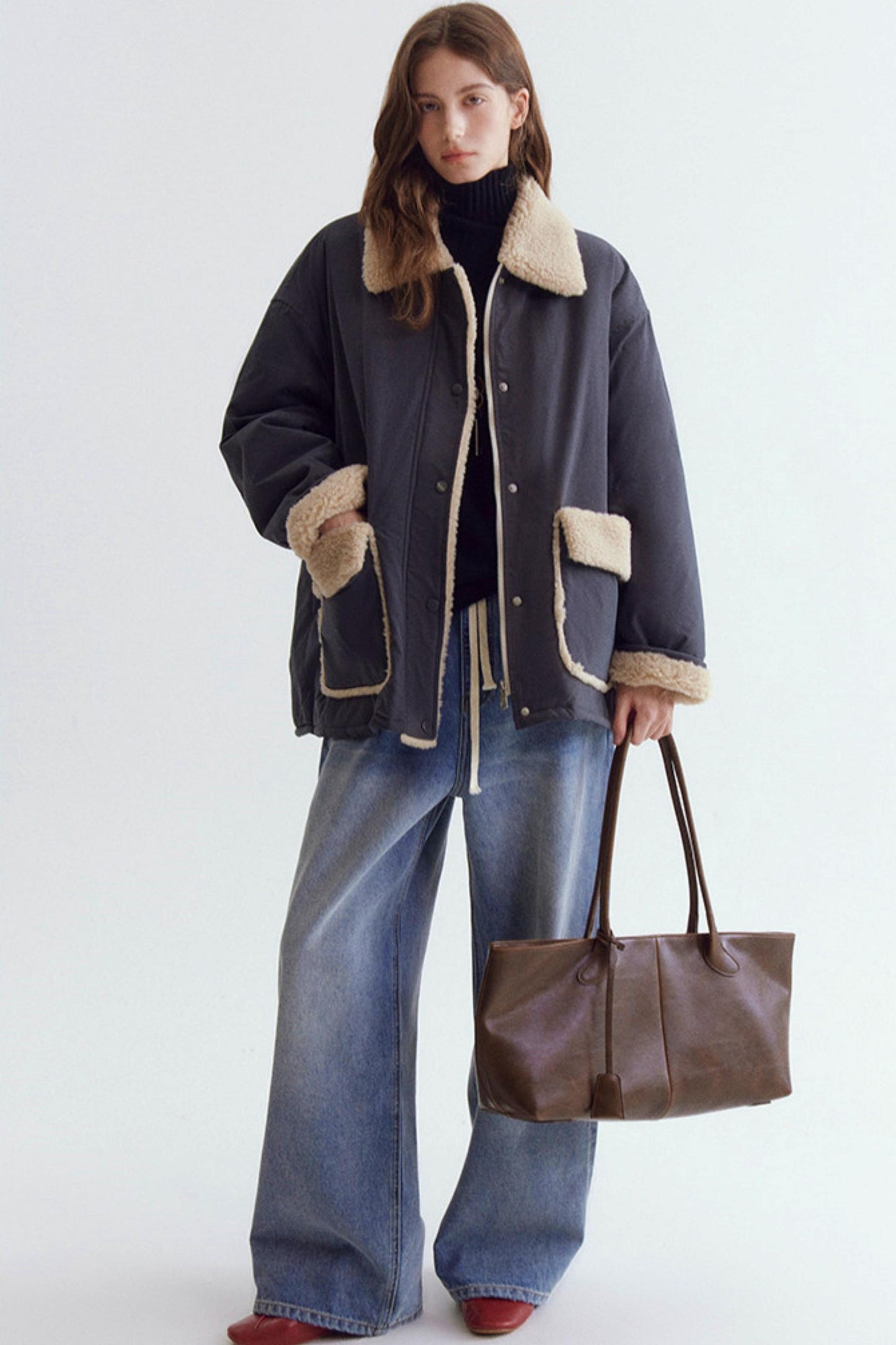Color-Blocked Lamb Wool Coat