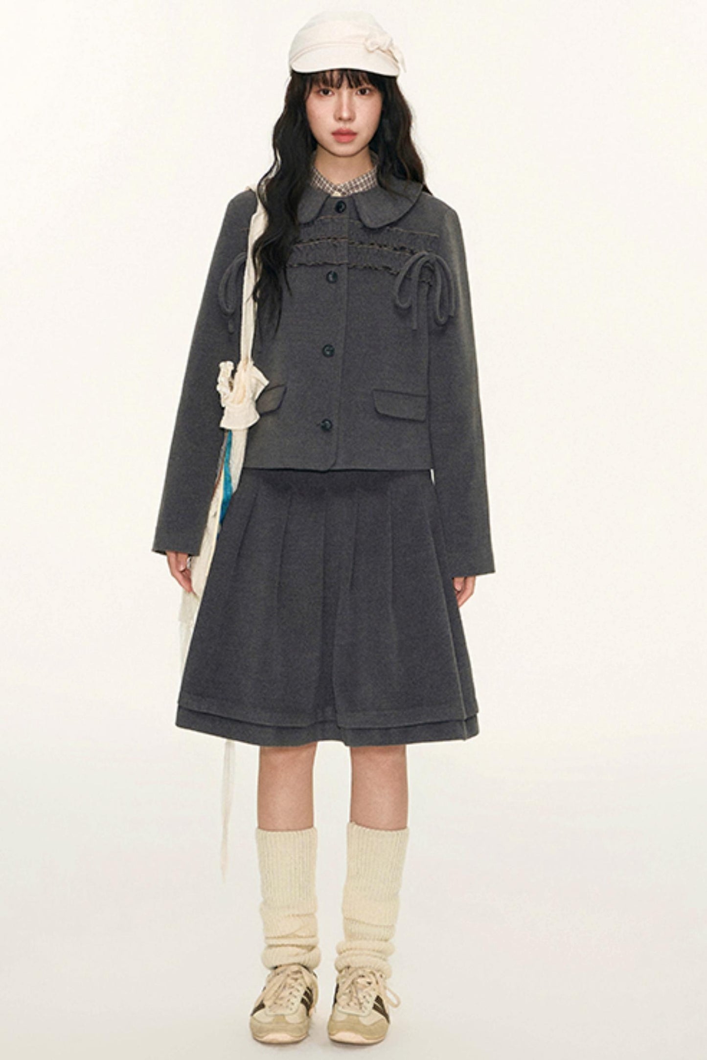 College Ruffle Woolen Suit Skirt Set-Up