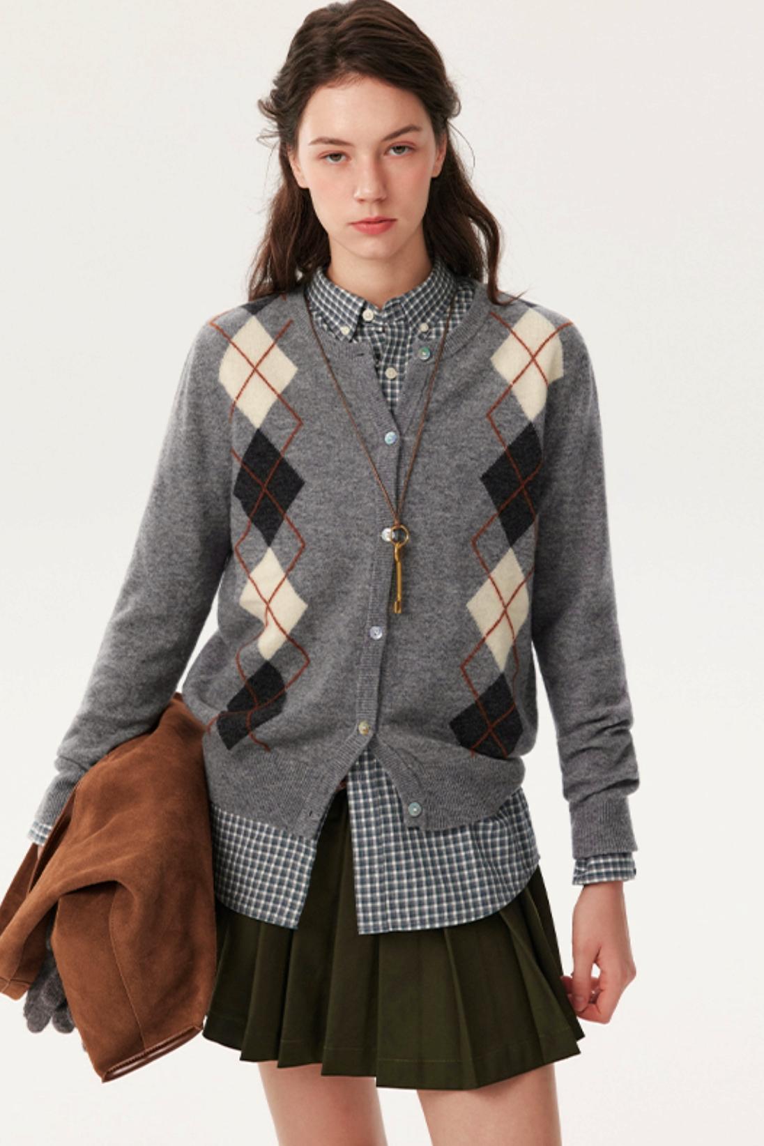 Wool Argyle Knit Cardigan Shirt Set-Up