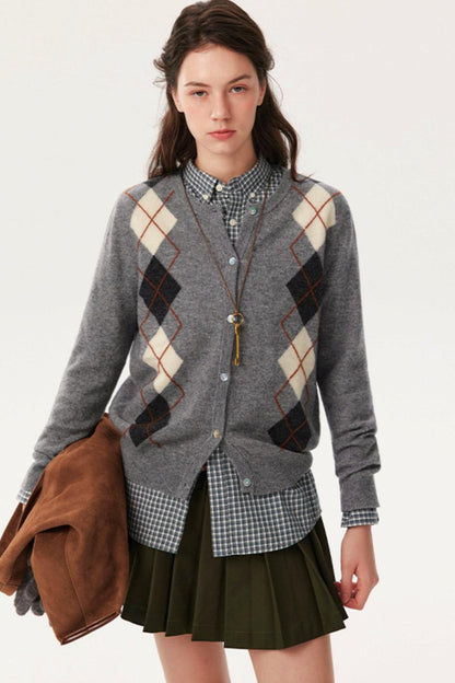 Wool Argyle Knit Cardigan Shirt Set-Up