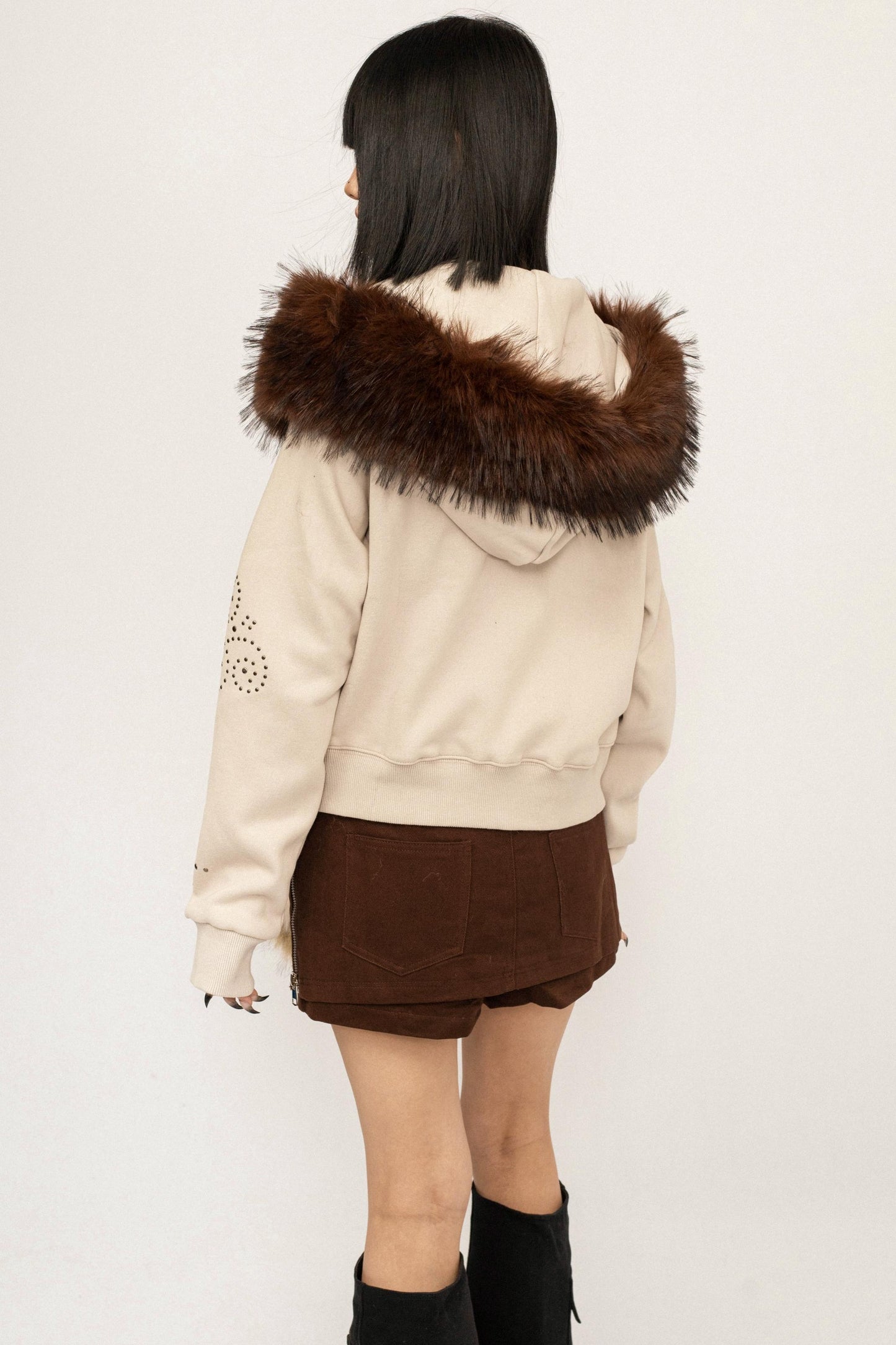 Studded Fur Collar Hooded Jacket