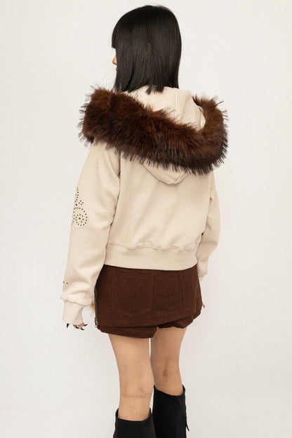 Studded Fur Collar Hooded Jacket