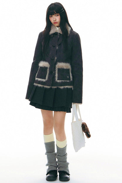 Ruffle Patchwork Woolen Pleated Skirt