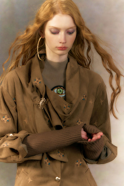 Retro Suede Coat With Fur Collar Set-Up