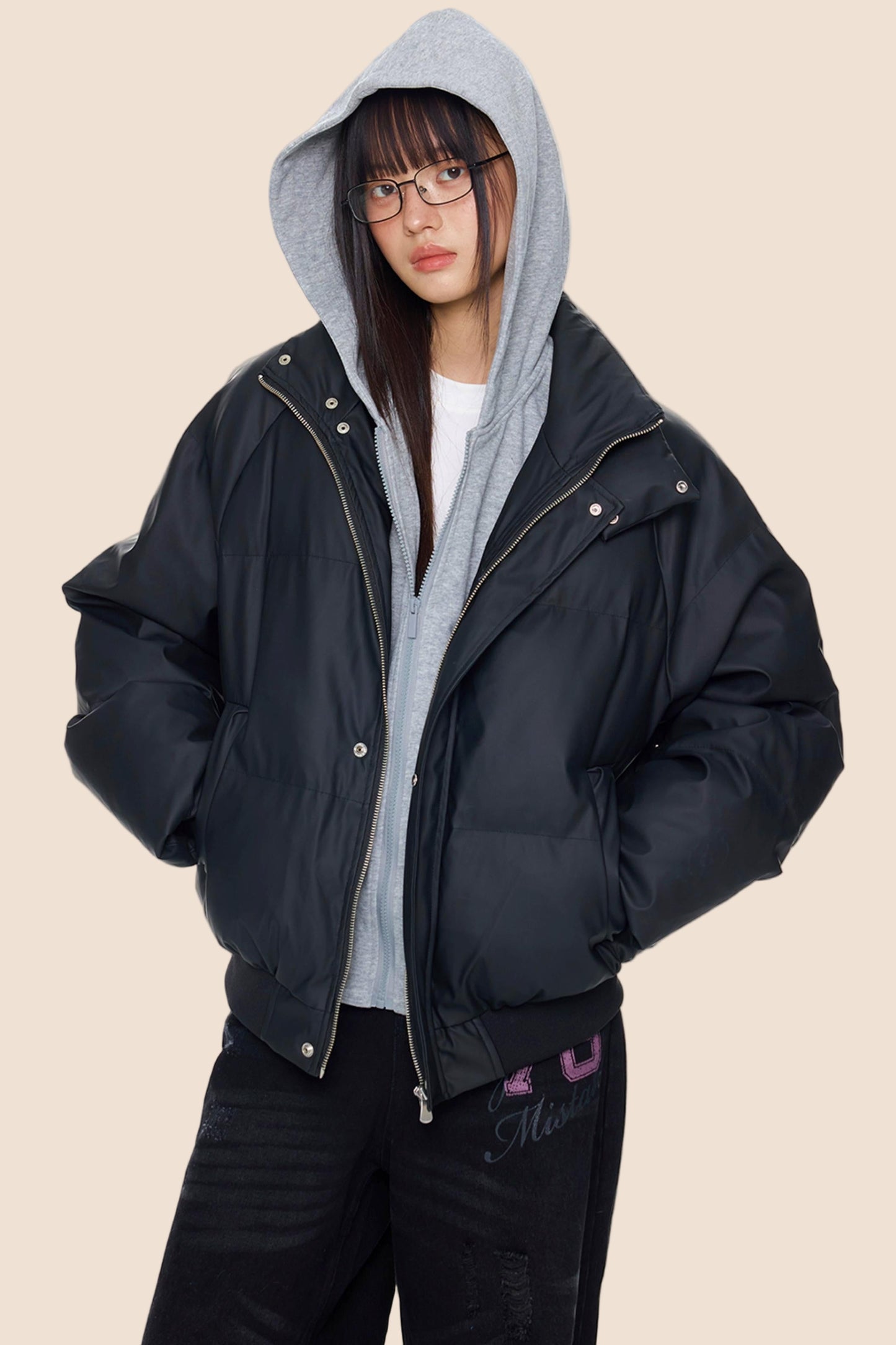 Color-Blocked Leather Hooded Jacket
