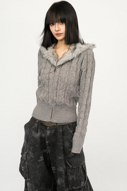 Retro Cable Knit Hooded Cardigan