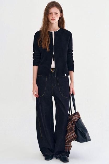 Rolled Edge Double Zipper Knit Cardigan