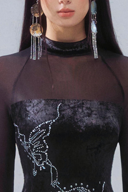 Butterfly Rhinestone Velvet Dress