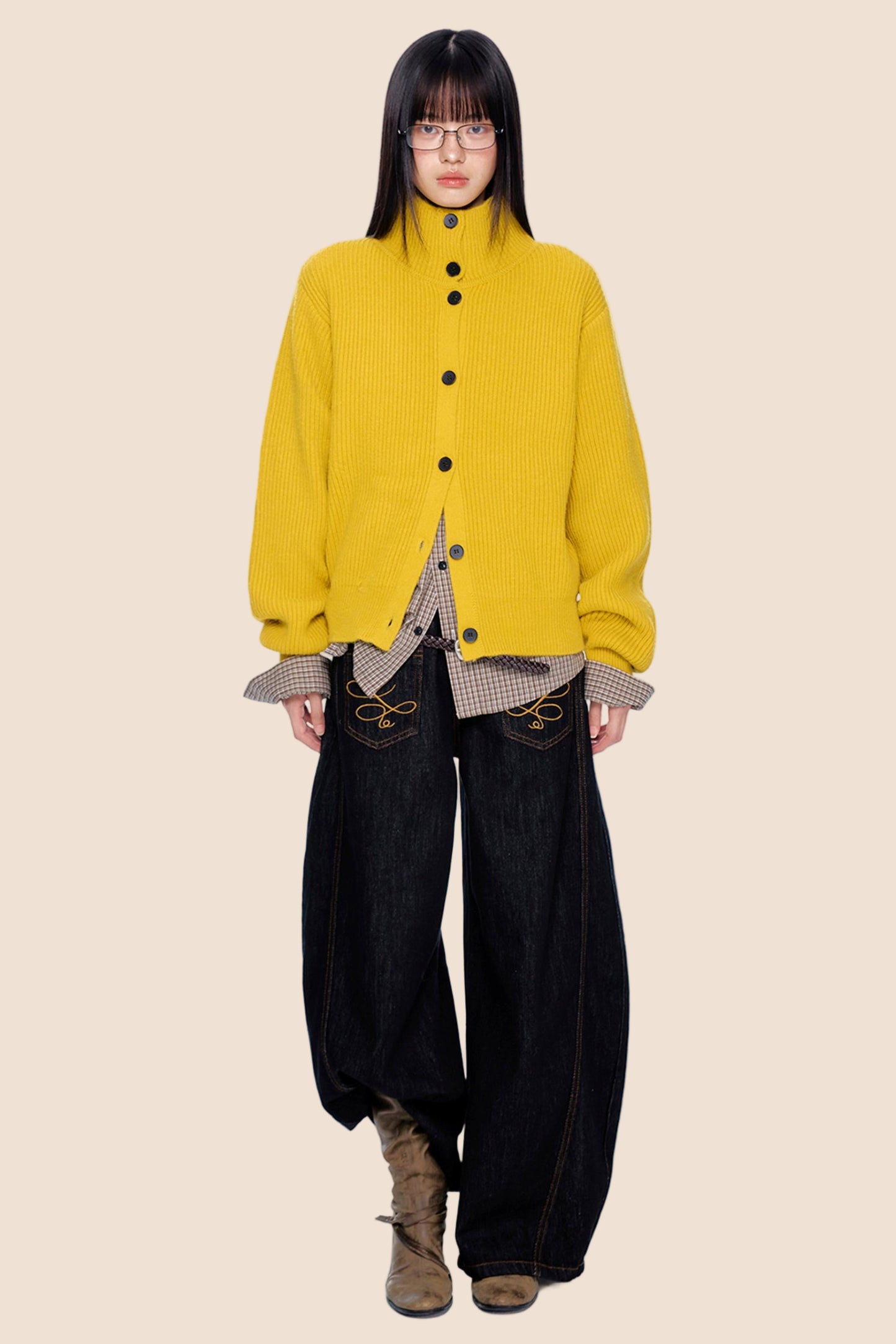 High-Neck Retro Knit Cardigan