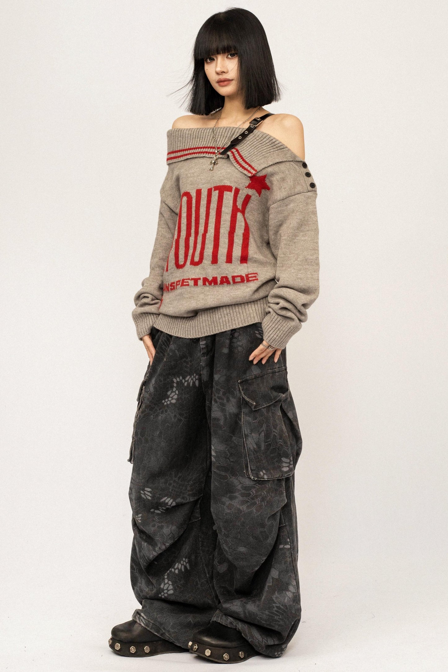 Retro Off-Shoulder Knit Cardigan