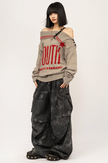 Retro Off-Shoulder Knit Cardigan