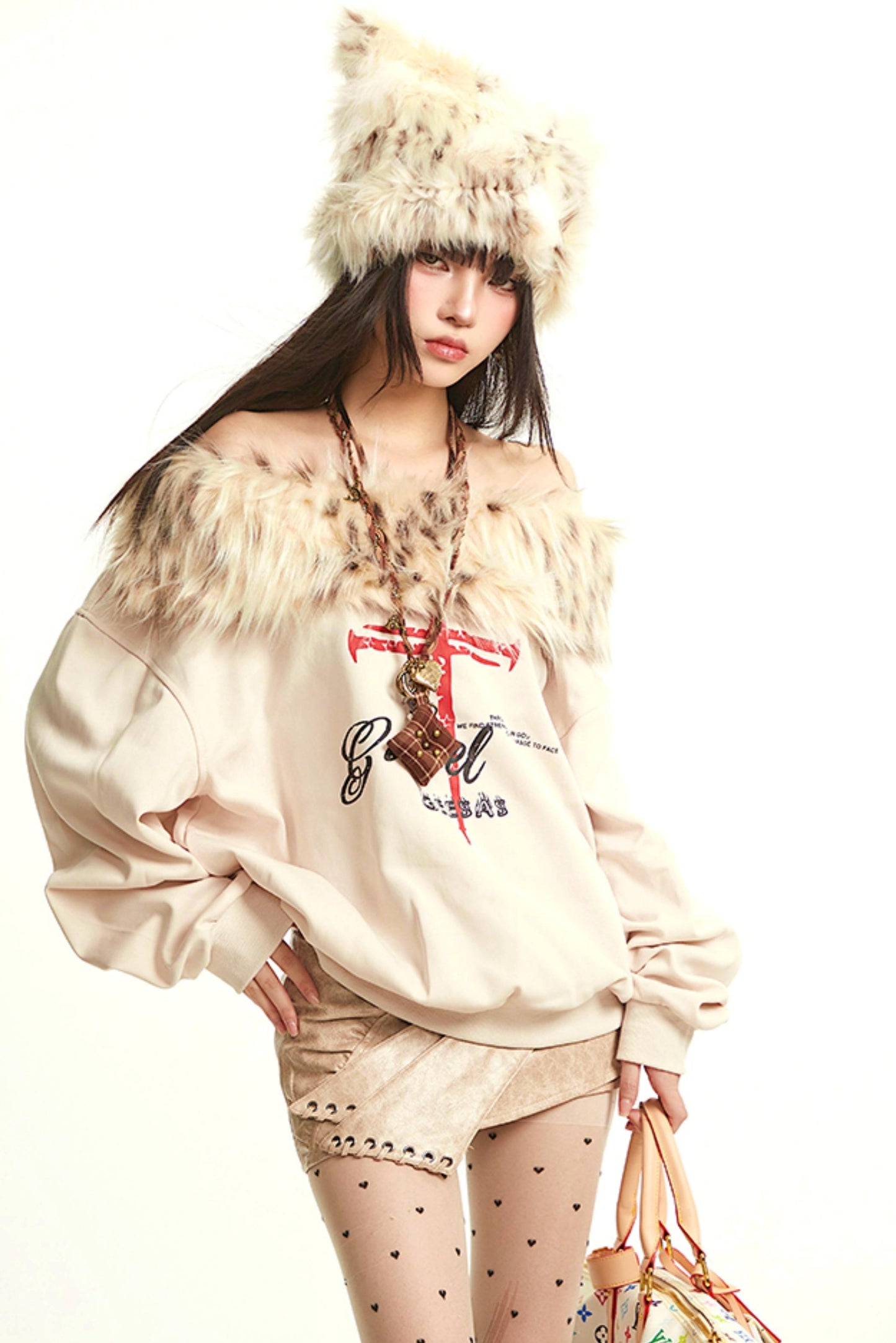 Retro Apricot Fur Collar Sweatshirt