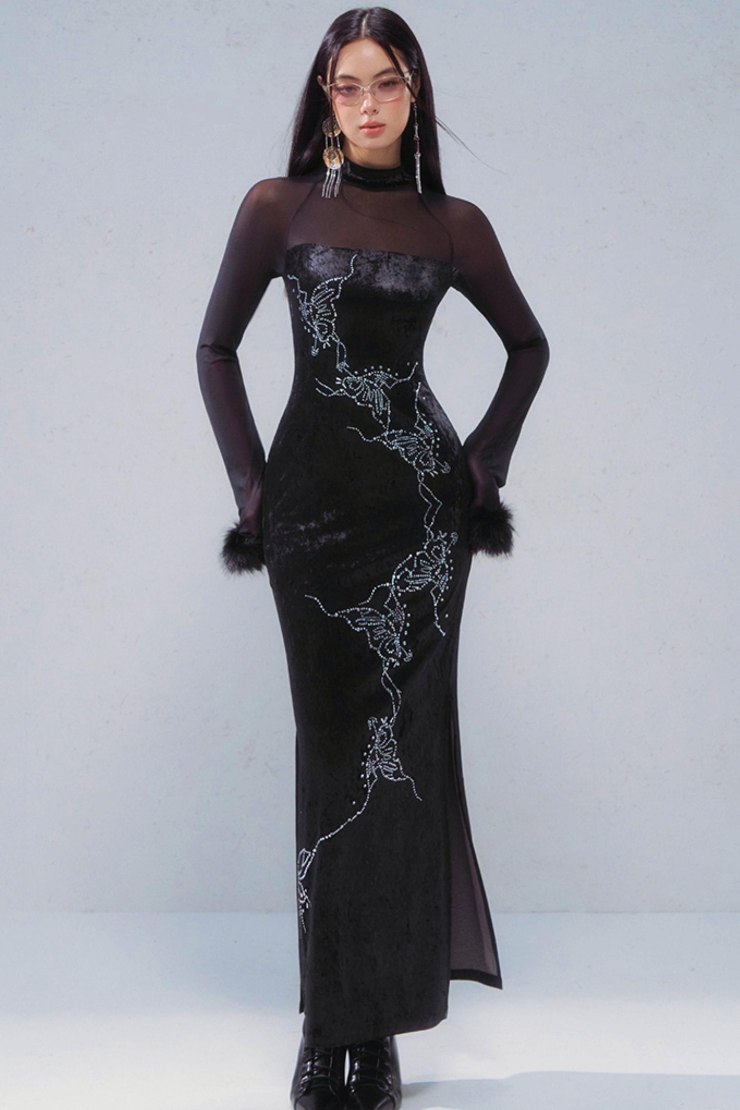 Butterfly Rhinestone Velvet Dress