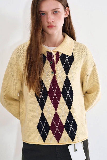 Cream Yellow Argyle Knit Sweater