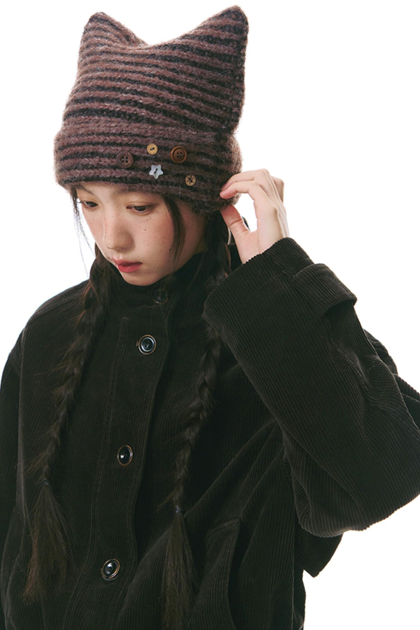 Striped Cat Ear Knit Hat