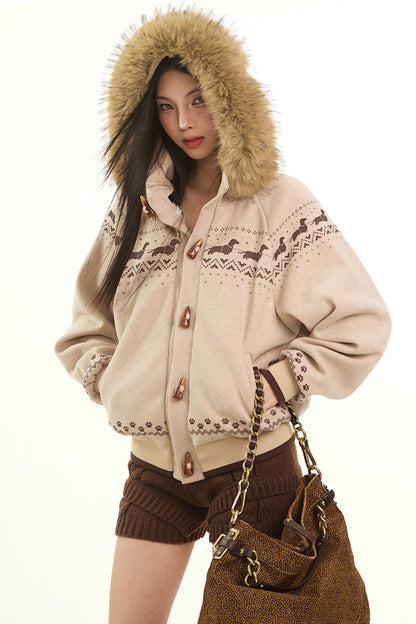 Retro Fair Isle Fur Collar Jacket