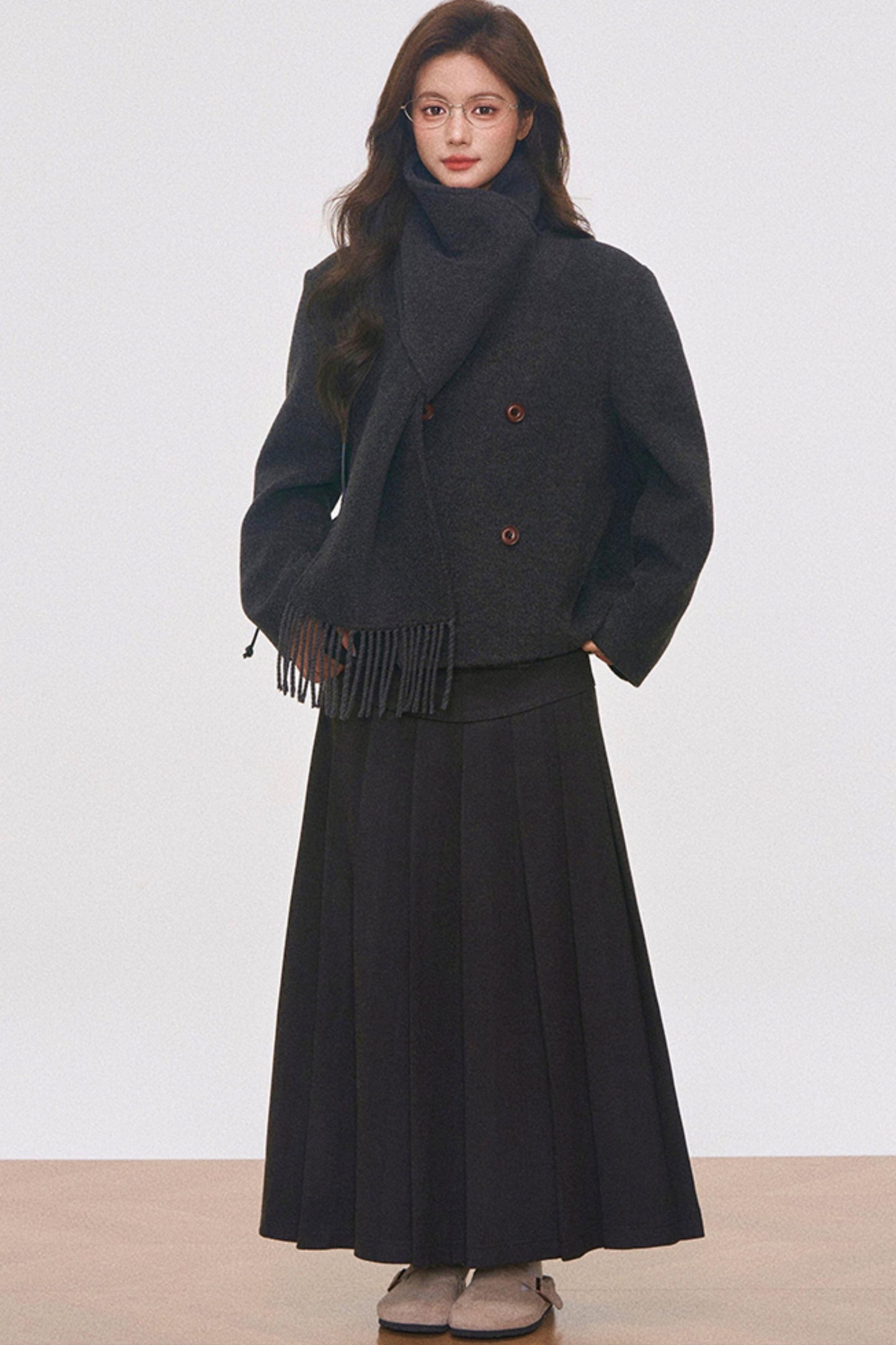 Woolen Coat with Scarf And Skirt Set-Up