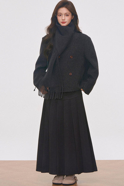 Woolen Coat with Scarf And Skirt Set-Up