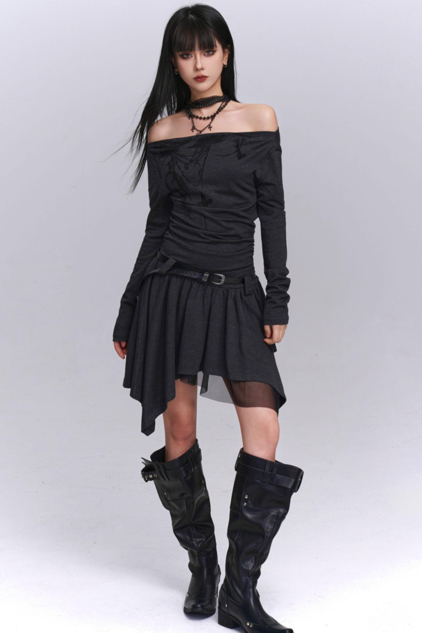 Gray Off-Shoulder Autumn Dress