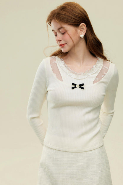 V-Neck Lace Knit Top