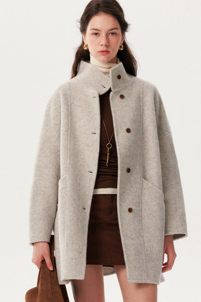 French Woolen Stand-Up Collar Coat