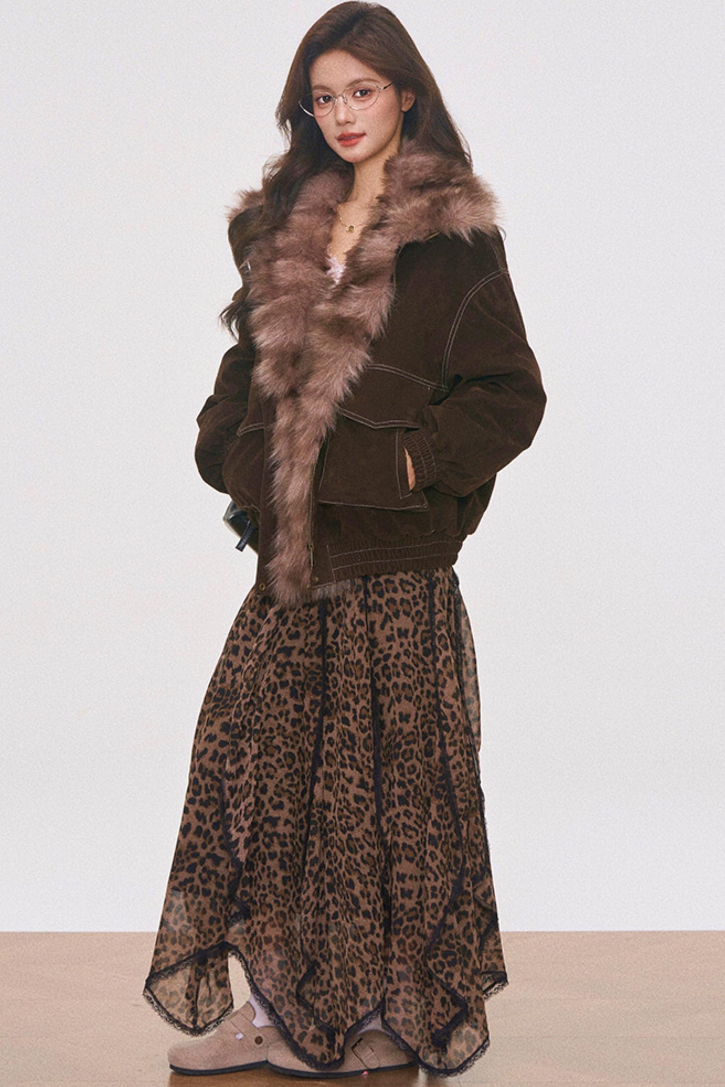 Brown Suede Fur Jacket and Leopard Skirt Set-Up