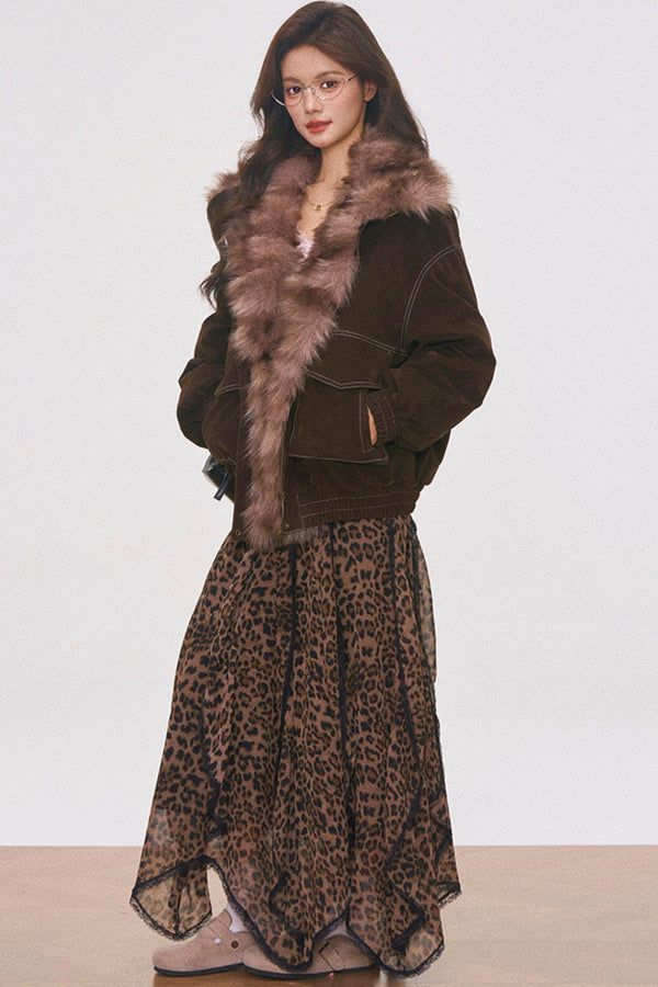 Brown Suede Fur Jacket and Leopard Skirt Set-Up