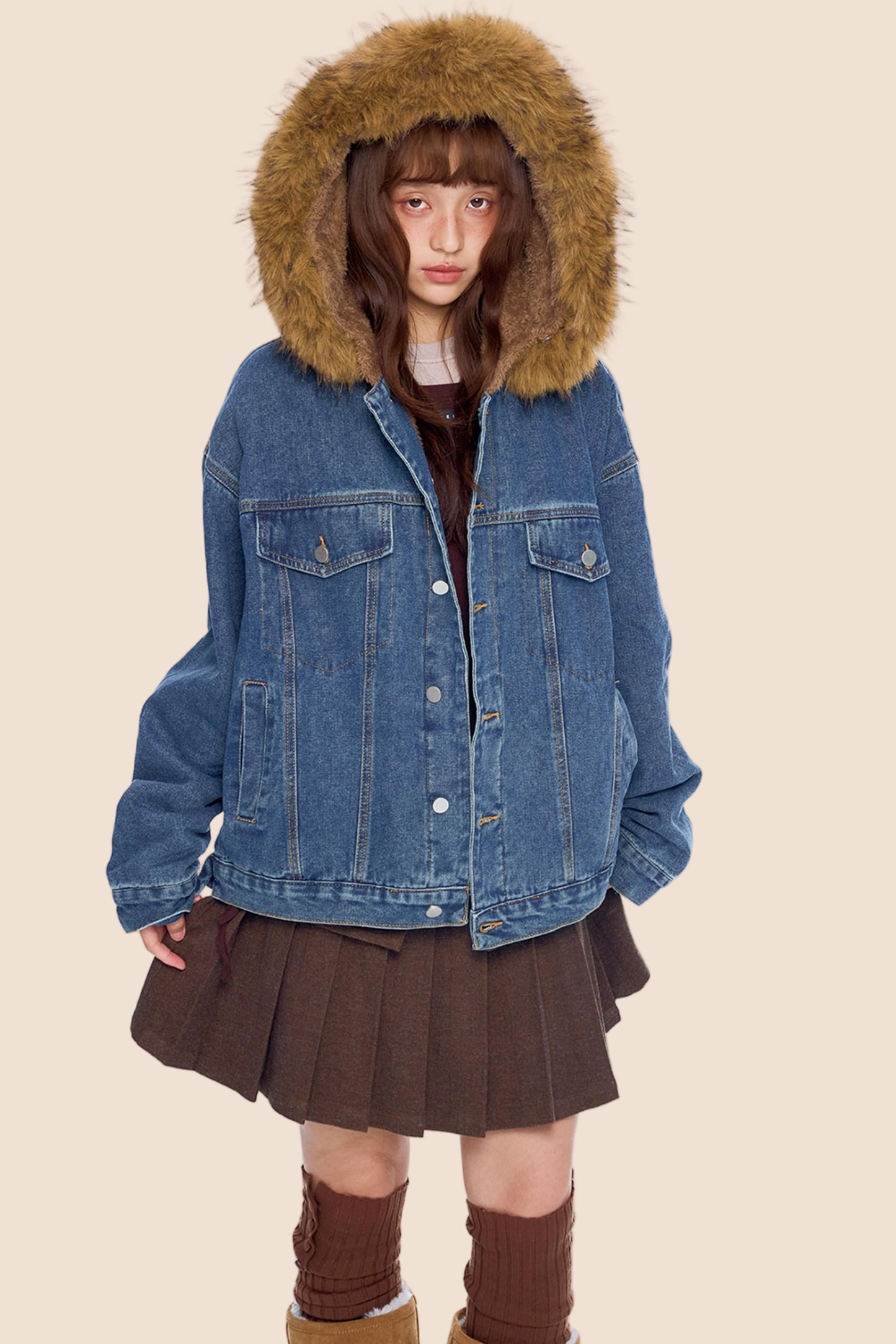 Fur Collar Hooded Denim Jacket