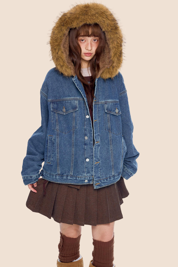 Fur Collar Hooded Denim Jacket