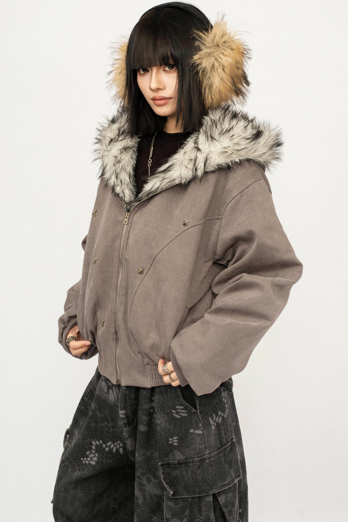 Retro Fur Collar Hooded Jacket