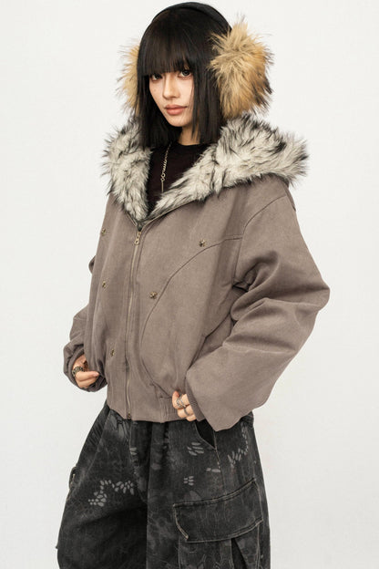 Retro Fur Collar Hooded Jacket