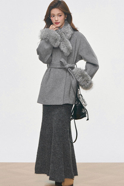 Fur Collar Lace-Up Coat Set-Up