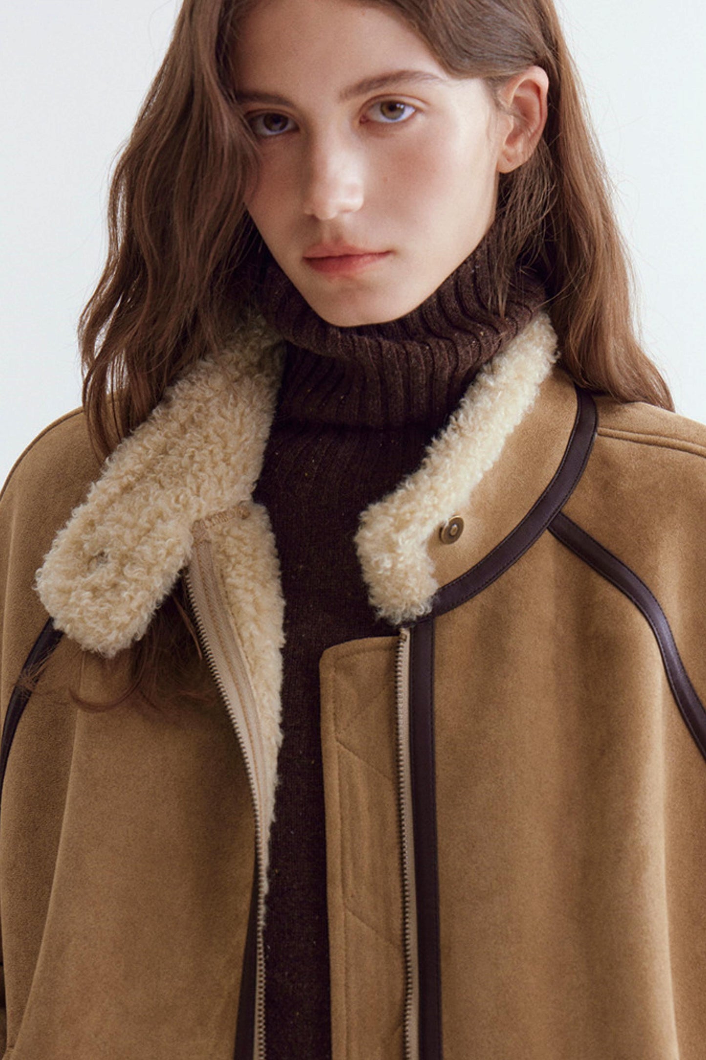 Color-Blocked Suede Shearling Coat