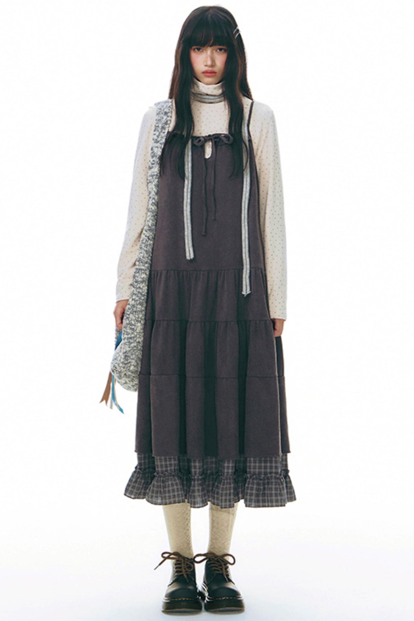 Patchwork Plaid Shirred Japanese Lace-Up Long Dress