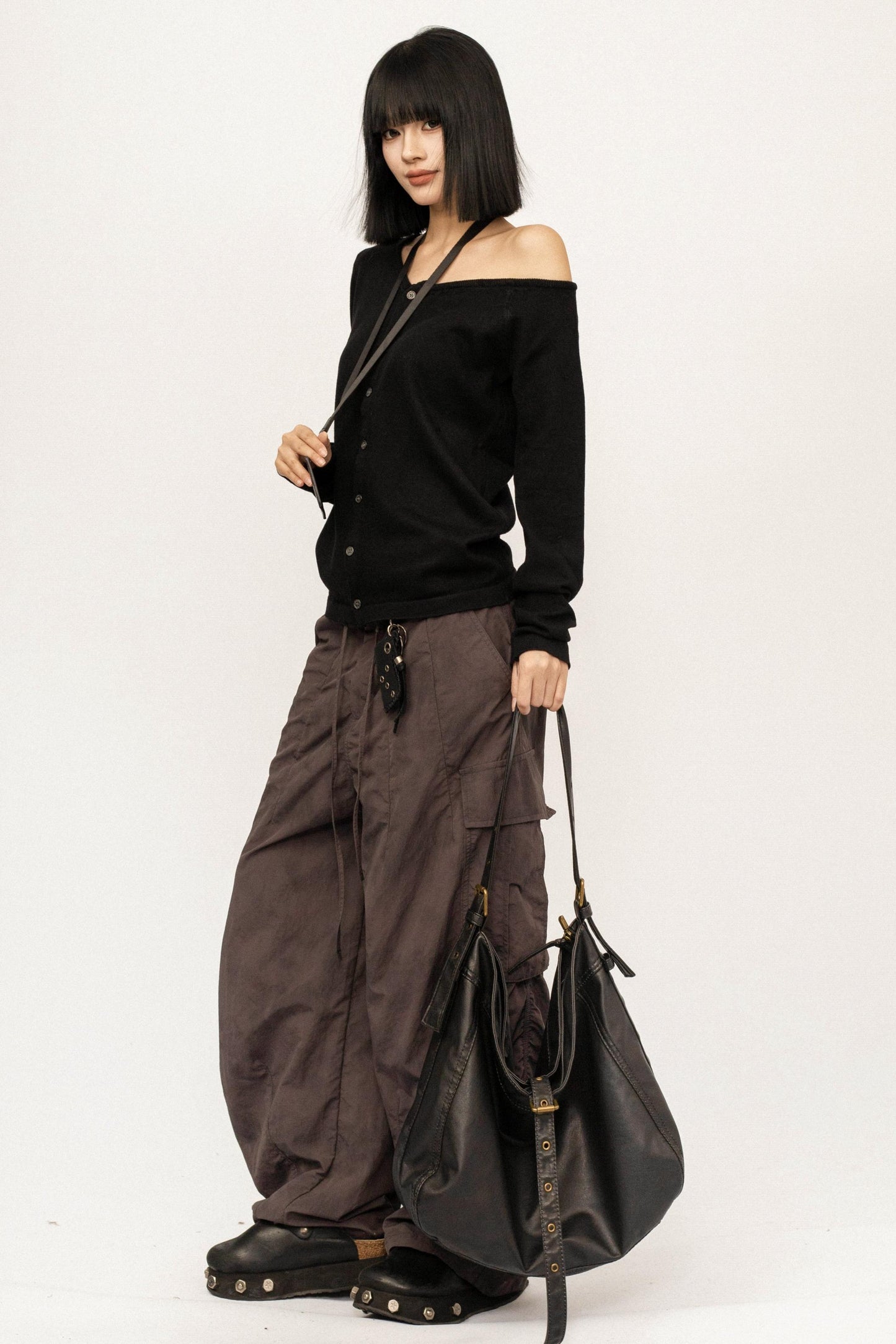 Black Knitted Off-Shoulder Cardigan